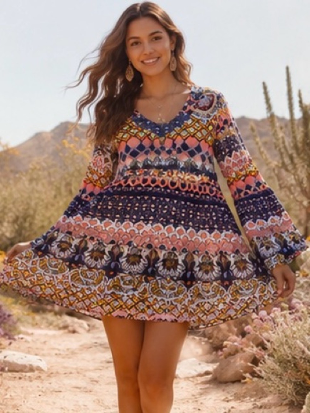 New World Boho Bell Sleeve Mini Dress, Coral & Navy Print, V-Neck Tunic Dress M